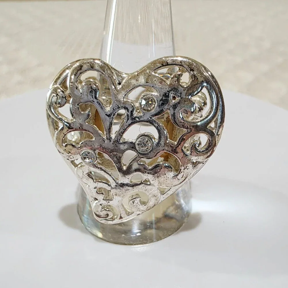 Vintage Silver Filigree Rhinestone Accent HEART Adjustable Fashion Ring SZ 9.5+